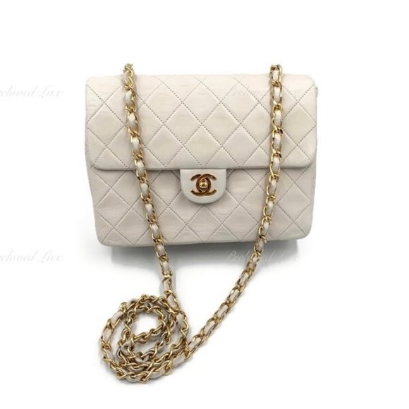 CHANEL Handbags - Authentic CHANEL Classic Lambskin Chain Mini Square Flap Bag White/ GHW